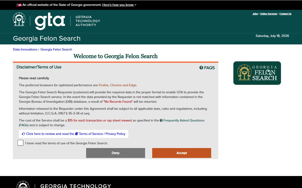 Georgia Felon Search interface used for Taylor County felony conviction checks